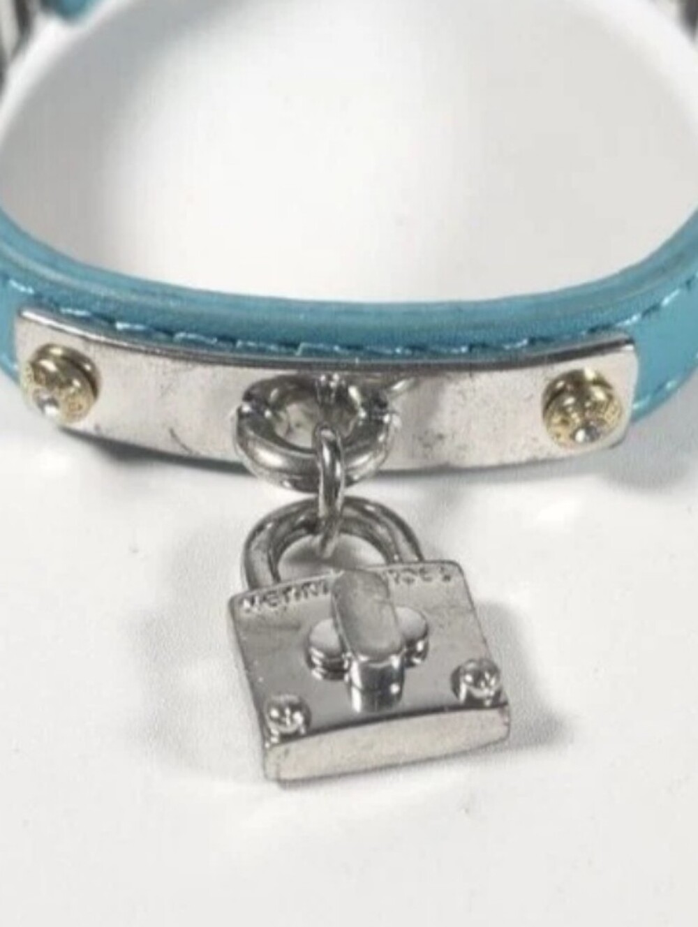 Henri Bendel Vintage Silver Tone Leather Lock Logo Bracelet Turquoise Blue - Picture 2 of 16